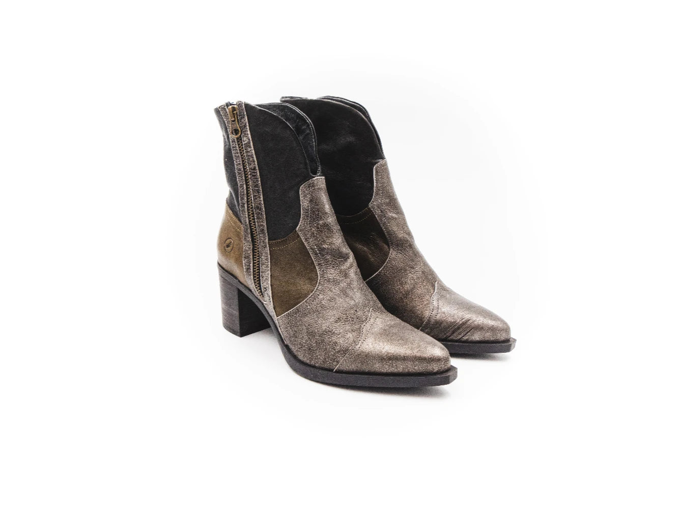 Pair of brown suede ankle boots with black accents on a white background