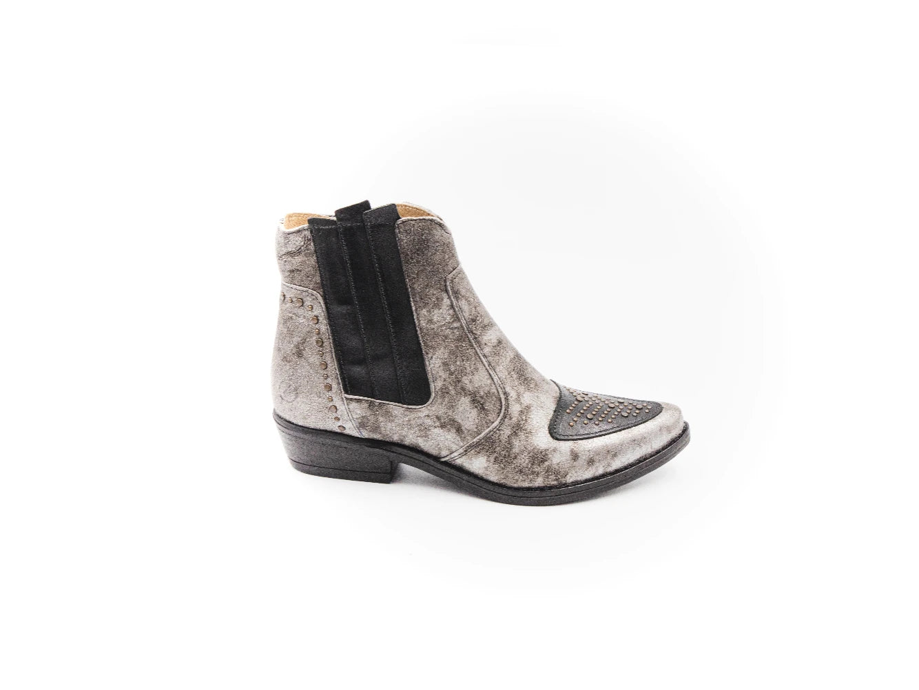 Gray suede ankle boot with black elastic side on a white background
