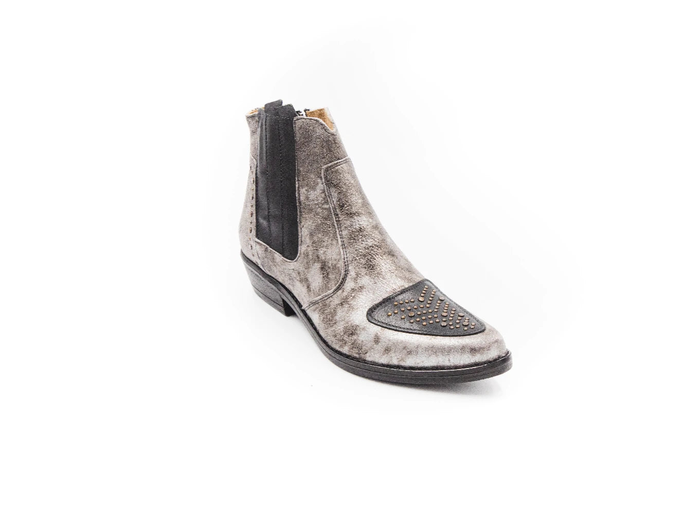 Gray Chelsea boot with black accents on a white background