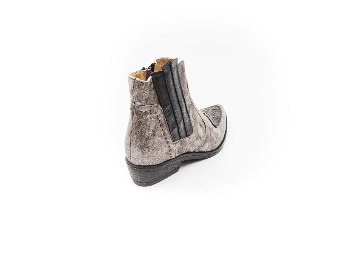 Gray ankle boot with black accents on a white background